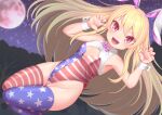  1girl :d alternate_costume american_flag_dress american_flag_legwear animal_ears arms_up bangs bare_shoulders blonde_hair blush breasts claw_pose clownpiece collarbone commentary_request eyebrows_visible_through_hair fake_animal_ears fingernails full_moon halloween harunoha highres long_hair looking_at_viewer moon multicolored_clothes night no_nose open_mouth playboy_bunny red_eyes sidelocks sky small_breasts smile solo star_(sky) star_(symbol) star_print starry_sky striped striped_legwear thighs touhou wrist_cuffs 