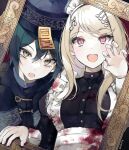  1boy 1girl :d :o akamatsu_kaede alternate_costume bangs black_dress black_hair black_headwear blood blood_on_clothes blood_on_dress breasts brown_eyes dalrye danganronpa_(series) danganronpa_v3:_killing_harmony dress english_commentary enmaided hair_between_eyes hair_ornament hand_up jiangshi large_breasts long_hair long_sleeves looking_at_viewer maid maid_headdress musical_note_hair_ornament ofuda open_mouth portrait_(object) saihara_shuuichi shiny shiny_hair short_hair smile upper_body 