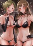  2girls absurdres bangs black_choker black_collar black_gloves blush breasts bridal_gauntlets brown_hair choker cleavage closed_mouth collar commentary_request elbow_gloves eyebrows_visible_through_hair gloves green_hair hand_on_hip heart heart-shaped_pupils highres idolmaster idolmaster_shiny_colors kuwayama_chiyuki large_breasts long_hair looking_at_viewer mebunryo_(mebunryo2) multiple_girls nanakusa_hazuki navel open_mouth sideboob smile symbol-shaped_pupils tied_hair underboob 