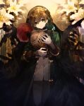  1boy absurdres brown_hair closed_mouth coat cyawa gloves green_coat green_eyes grey_pants hair_ornament head_tilt helmet highres holding holding_helmet long_sleeves looking_at_viewer male_focus open_clothes open_coat original pants plume short_hair solo standing white_gloves wings 