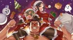  1boy 2girls alternate_costume antlers asanagi bag bell biceps black_eyes black_hair black_legwear black_sleeves blush boots carrying carrying_person christmas christmas_tree covered_nipples end_card eyebrows_visible_through_hair facial_hair fang flexing gift gloves goatee green_eyes green_hair hat igarashi_futaba_(shiromanta) large_pectorals mole mole_under_eye multiple_girls muscular muscular_male neck_bell on_shoulder open_mouth pectorals pose red_nose reindeer_antlers sakurai_touko santa_boots santa_costume santa_gloves santa_hat senpai_ga_uzai_kouhai_no_hanashi signature sitting sitting_on_arm sitting_on_person smile snowman stubble takeda_harumi_(shiromanta) thick_eyebrows topless_male veins 