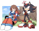  1boy 1girl android animal_nose bangs black_hair blush brown_hair bug butterfly closed_eyes commentary crossed_arms crossover day dress eyebrows_visible_through_hair furry furry_male gloves hair_between_eyes iris_(mega_man) long_hair low-tied_long_hair mcnr mega_man_(series) mega_man_x4 mega_man_x_(series) multicolored_hair open_mouth outdoors red_eyes red_hair shadow_the_hedgehog shoes signature sitting sky smile sonic_(series) standing tree two-tone_hair white_gloves 