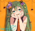  1girl :d arm_tattoo asagao_minoru bangs bare_arms bare_shoulders black_bow black_shirt blue_eyes blush bow candy candy_hair_ornament commentary cross dated eyebrows_visible_through_hair facial_mark fangs food food-themed_hair_ornament food_in_mouth ghost green_bow green_hair hair_ornament hairclip halloween hands_on_own_cheeks hands_on_own_face happy_halloween hatsune_miku highres lollipop long_hair looking_at_viewer mouth_hold necktie number_tattoo orange_background orange_bow orange_necktie pumpkin purple_bow shirt signature sleeveless smile solo tattoo teeth twintails twitter_username very_long_hair vocaloid 