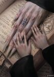  2others book commentary finger_tattoo fingernails hands large_hands long_fingernails long_fingers long_sleeves magic_circle monokubo multiple_others open_book original out_of_frame sharp_fingernails size_difference tattoo 