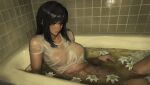  1girl bathing bathroom bathtub black_hair breasts clothed_bath commentary flower highres indoors large_breasts long_hair looking_at_viewer original parted_lips partially_submerged reido_(reido_c) see-through shirt short_sleeves solo tile_wall tiles wet wet_clothes wet_shirt white_flower white_shirt yellow_eyes 