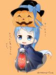  1girl alternate_costume bangs black_cape blue_eyes blue_hair cape chibi commentary_request hat jack-o&#039;-lantern kantai_collection lantern mae_(maesanpicture) orange_background pumpkin samidare_(kancolle) solo swept_bangs translated twitter_username witch_hat 