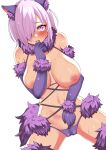  1girl animal_ears blush breasts cat_ears fake_animal_ears fake_tail fate/grand_order fate_(series) fur-trimmed_gloves fur-trimmed_legwear fur_collar fur_trim gloves hair_over_one_eye halloween_costume highres hiku_hiku large_breasts mash_kyrielight mash_kyrielight_(dangerous_beast) o-ring purple_eyes purple_hair short_hair tail white_background 