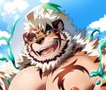  1boy ahoge animal_ears bara beard blue_eyes chest_tattoo cloud cloudy_sky facial_hair fluffy furry furry_male grin hombre_tigre_(housamo) large_pectorals male_focus muscular muscular_male nipples nude pectorals rossciaco short_hair sky slime_(substance) smile solo sunlight tattoo thick_eyebrows tiger_boy tiger_ears tokyo_afterschool_summoners upper_body white_hair 