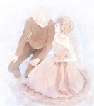  1boy 1girl bangs bare_arms bare_shoulders barefoot breasts brown_pants brown_sweater cleavage collarbone commentary_request dress flower from_above gloves gradient gradient_background hair_flower hair_ornament holding_hands kaneki_ken kirishima_touka large_breasts long_sleeves off_shoulder pants pink_dress pink_gloves short_hair smile strapless strapless_dress sweater tokyo_ghoul tokyo_ghoul:re toukaairab wedding_dress white_flower yellow_flower 