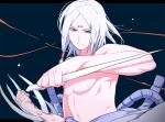  1boy blue_background bone closed_mouth facial_mark forehead forehead_mark green_eyes holding holding_weapon kaguya_kimimaro long_hair looking_at_viewer muscular muscular_male naruto naruto_(series) ninja solo topless_male v-shaped_eyebrows weapon white_hair yazakc 