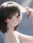  1girl absurdres bare_shoulders bob_cut brown_eyes brown_hair commentary highres lips looking_at_viewer onedoo original playing_with_own_hair short_hair smile symbol-only_commentary tank_top upper_body 