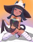  1girl :d animal_ears aqua_eyes armlet bandaged_leg bandages bangs bare_shoulders black_hair black_panties blunt_bangs blush breasts cat_ears cat_tail collar dark-skinned_female dark_skin eyebrows_visible_through_hair eyeliner facial_mark hat hayanye highres kneeling loincloth long_hair looking_at_viewer makeup navel original panties small_breasts smile solo tail underwear witch_hat 