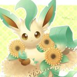  brown_eyes character_name closed_mouth commentary_request flower hat highres in_hat leafeon looking_at_viewer no_humans outline pokemon pokemon_(creature) sasabunecafe solo straw_hat sunflower toes 