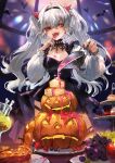  1girl :d ahoge bangs black_dress black_hairband blueberry breasts commentary_request dress eyebrows_visible_through_hair fangs finger_to_tongue food fruit full_moon grapes grey_hair hair_between_eyes hair_intakes hairband halloween highres jack-o&#039;-lantern long_hair long_sleeves looking_at_viewer medium_breasts moon nima_(niru54) original pie_slice plate pointy_ears pouring puffy_long_sleeves puffy_sleeves raspberry red_eyes smile solo strawberry tiered_tray tongue tongue_out two_side_up very_long_hair window 