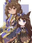  2girls :3 bangs blue_bow bow breasts brown_eyes brown_hair buttons cleavage collar commentary_request crown deep_impact_(umamusume) double-breasted ear_bow ear_ornament eyebrows_visible_through_hair horse horse_girl king_kamehameha_(umamusume) mini_crown multiple_girls neckerchief purple_eyes schneeball_(leiche_uma) trait_connection umamusume white_neckerchief younger 