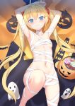  1girl @_@ alexmaster armpits arms_up ass_visible_through_thighs bandages blonde_hair blue_eyes breasts candy closed_mouth convenient_leg food hair_ribbon halloween halloween_bucket knee_up lollipop long_hair looking_at_viewer lying naked_bandage on_back original ribbon small_breasts solo swirl_lollipop twintails very_long_hair 