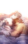  2boys abs ainu_clothes animal_ears bara bed_sheet blush chest_hair couple face_to_pecs furry furry_male furry_with_furry grey_fur grey_hair happy_birthday headband highres horkeu_kamui large_pectorals light_particles lion_boy lion_ears lying male_focus multiple_boys muscular muscular_male naked_sheet nipples on_bed on_side original pectorals rossciaco short_hair silver_hair sleeping sleeping_on_person smile tail tokyo_afterschool_summoners two-tone_fur upper_body white_fur wolf_boy wolf_ears wolf_tail yaoi yellow_eyes 