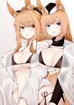  2girls :o absurdres animal_ear_fluff animal_ears arknights aunt_and_niece bangs bare_shoulders bikini bikini_under_clothes black_bikini black_bow black_headwear black_ribbon blemishine_(arknights) blonde_hair blue_eyes blush bow breasts cleavage collarbone commentary eyebrows_visible_through_hair garrison_cap hair_bow hand_on_another&#039;s_shoulder hat heart highres hikimayu horse_ears horse_girl horse_tail large_breasts long_hair long_sleeves looking_at_another looking_at_viewer looking_to_the_side multiple_girls off_shoulder open_clothes open_shirt parted_lips ponytail red_eyes ribbon samip shirt side-tie_bikini sidelocks simple_background smile swept_bangs swimsuit tail underboob whislash_(arknights) white_background white_shirt wide_sleeves yuri 
