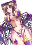  1girl bad_id bad_pixiv_id bangs black_hair blush breasts cameltoe commentary cosplay costume craft_essence_(fate) demon_girl demon_horns demon_tail demon_wings facial_mark fate/grand_order fate_(series) forehead_mark forehead_tattoo halloween halloween_costume halloween_princess_(fate/grand_order) highres horns huge_breasts irisviel_von_einzbern irisviel_von_einzbern_(cosplay) long_hair looking_at_viewer navel open_mouth parted_bangs sesshouin_kiara simple_background smile solo standing tail very_long_hair white_background wings yellow_eyes yumeneko_nyaa 
