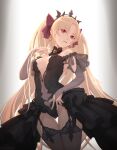  1girl bangs blonde_hair breasts chinese_commentary commentary_request earrings ereshkigal_(fate) fate/grand_order fate_(series) hair_ribbon hoop_earrings jewelry long_hair looking_at_viewer medium_breasts parted_bangs red_eyes ribbon tenshin_kagehisa tiara two_side_up 