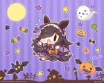  1girl animal_ears bangs bat_wings black_gloves black_hair black_hairband blue_flower blue_rose blush building candy checkerboard_cookie chibi commentary cookie doughnut eyebrows_visible_through_hair fangs fence flower flying_sweatdrops food frilled_hairband frills full_moon ghost gloves grey_wings hair_over_one_eye hairband highres horse_ears horse_girl horse_tail jack-o&#039;-lantern lollipop make_up_in_halloween!_(umamusume) momoniku_(taretare-13) moon open_mouth puffy_short_sleeves puffy_sleeves purple_background purple_footwear purple_skirt rice_shower_(umamusume) rose shirt short_sleeves skirt solid_oval_eyes solo star_(symbol) striped striped_background swirl_lollipop tail thumbprint_cookie twitter_username umamusume vertical_stripes watermark web_address white_shirt window wings 