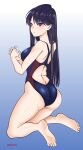  1girl absurdres aiuti ass barefoot black_eyes black_hair black_swimsuit blue_background competition_swimsuit from_behind full_body gradient gradient_background highres kneeling komi-san_wa_komyushou_desu komi_shouko long_hair one-piece_swimsuit own_hands_clasped own_hands_together solo swimsuit twitter_username 