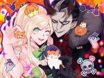  1boy 1girl :d animal animal_print bandaged_arm bandages bangs bat_print black_cape black_hair blush_stickers braid candy cape cham-p crown danganronpa_(series) danganronpa_2:_goodbye_despair demon_horns dress food ghost gloves green_eyes grey_hair hamster hand_up holding holding_animal horns jum-p long_hair looking_at_viewer maga-g multicolored_hair orange_background outline ponytail puffy_short_sleeves puffy_sleeves scarf short_hair short_sleeves skull_print smile sonia_nevermind star_(symbol) sun-d tanaka_gandamu teeth two-tone_hair umsotasty upper_teeth white_gloves white_outline 