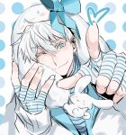  1boy absurdres bangs blue_bow blue_eyes blush bow cinnamoroll closed_mouth fingerless_gloves gloves gojou_satoru hair_between_eyes hands_up hat heart highres jacket jujutsu_kaisen looking_at_viewer male_focus one_eye_closed pointing pointing_at_viewer sanrio short_hair smile striped striped_gloves upper_body white_background white_gloves white_hair white_headwear white_jacket xxgojoxx 