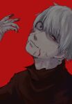  1boy bangs blood blood_on_face blood_on_hands blue_eyes brown_shirt closed_mouth crazy_eyes eyebrows_visible_through_hair grey_hair half-closed_eye head_tilt heterochromia highres kaneki_ken looking_at_viewer male_focus portrait red_background red_eyes shirt short_hair simple_background smile solo tokyo_ghoul tomato_(akait0mat0) 
