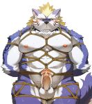  1boy abs alternate_pectoral_size animal_ears arms_behind_back bara blonde_hair blue_fur blush chest_hair completely_nude feet_out_of_frame fenrir_(housamo) fluffy foreskin furry furry_male large_pectorals looking_at_viewer male_focus mohawk muscular muscular_male nipples nude pectoral_press pectorals penis precum rope rossciaco shibaro skindentation solo stomach thick_eyebrows thick_thighs thighs tokyo_afterschool_summoners two-tone_fur uncensored white_fur wolf_boy wolf_ears 