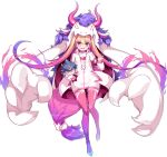  1girl ark_order behemoth_(ark_order) blonde_hair bra character_doll claw_pose fire full_body gradient gradient_hair gradient_legwear hat hood hoodie horns leviathan_(ark_order) long_hair long_sleeves low-tied_long_hair multicolored_hair official_art pink_bra pink_eyes pink_hair pink_legwear purple_hair purple_legwear shanyao_jiang_tororo solo streaked_hair tachi-e thighhighs transparent_background two_side_up underwear very_long_hair white_hoodie 