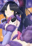  1girl absurdres android animal_ears ass bangs bare_shoulders black_hair bow breasts cleavage cosplay elbow_gloves fate/grand_order fate_(series) fur-trimmed_gloves fur-trimmed_legwear fur_collar fur_trim gloves highres joints katou_danzou_(fate) lace_trim large_breasts long_hair looking_at_viewer mash_kyrielight mash_kyrielight_(dangerous_beast) mash_kyrielight_(dangerous_beast)_(cosplay) moyashi_(pixiv44153669) navel o-ring open_mouth parted_bangs pink_bow ponytail purple_gloves purple_legwear purple_tail revealing_clothes robot_joints sidelocks solo tail thighs wolf_ears wolf_tail yellow_eyes 
