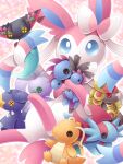  blue_eyes character_doll commentary_request doll dragapult dragonite dreepy garchomp goodra highres holding holding_doll hydreigon kommo-o mouth_hold no_humans pokemon pokemon_(creature) salamence sasabunecafe solo sylveon toes 