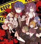  6+boys 6+girls bangs bare_shoulders black_dress black_gloves blonde_hair blood blood_on_clothes blood_on_leg blue_hair breasts brown_hair brown_jacket brown_pants carrying caution_tape cleavage closed_mouth cosplay_request dress flower fueguchi_hinami gloves green_hair grey_flower grey_jacket grin gun hair_between_eyes hair_flower hair_ornament hair_over_one_eye hand_up highres holding holding_gun holding_weapon jacket kamishiro_rize kaneki_ken keep_out kirishima_ayato kirishima_touka large_breasts long_hair maid multiple_boys multiple_girls mutsuki_tooru nishino_kimi nishio_nishiki pants princess_carry purple_hair shirazu_ginshi short_hair short_sleeves smile star_(symbol) star_hair_ornament suzuya_juuzou swat tokyo_ghoul tokyo_ghoul:re toukaairab tsukiyama_shuu urie_kuki weapon yonebayashi_saiko 