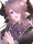  1girl absurdres alternate_costume black_dress blue_eyes braid breasts collar commentary demon_horns draph dress granblue_fantasy hair_over_one_eye highres horns large_breasts light_purple_hair long_hair looking_at_viewer low_tied_hair narmaya_(granblue_fantasy) own_hands_together purple_hair ribbon single_braid solo white_background yct_(yoct_o) 