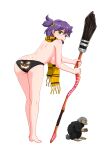  1girl animal ass bare_legs barefoot black_panties breasts broom commentary english_commentary everlasting_summer eyebrows_visible_through_hair from_behind full_body green_eyes highres huyase large_breasts leaning_forward looking_at_viewer looking_back open_mouth panties patreon_username purple_hair scarf short_hair shoulder_blades simple_background solo standing topless two_side_up underwear underwear_only unyl-chan white_background yellow_scarf 