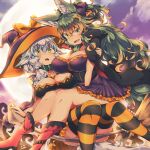  2girls animal_ears black_bow blue_hair bow breasts broom broom_riding cleavage cloud commentary eyebrows_visible_through_hair full_moon green_eyes green_hair hair_between_eyes hair_bow halloween halloween_costume hat kuromiya kuromiya_raika large_breasts long_hair looking_at_viewer moon multicolored_hair multiple_girls open_mouth orange_hair orange_legwear original purple_legwear purple_sky shiromiya_asuka sitting sky smile striped striped_legwear two-tone_hair white_hair witch_hat 