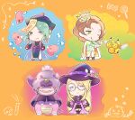  3boys :q alternate_costume avery_(pokemon) blonde_hair blue_eyes brown_hair burgh_(pokemon) chibi closed_mouth combee commentary_request crown fang fang_out finger_frame galarian_slowking glasses green_eyes green_hair halloween hat highres long_hair long_sleeves luvdisc male_focus mini_crown multiple_boys one_eye_closed pokemon pokemon_(creature) pokemon_(game) pokemon_bw pokemon_oras pokemon_swsh round_eyewear smile standing tongue tongue_out tudurimike wallace_(pokemon) witch_hat 