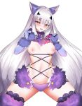  1girl animal_ears avil bangs bare_shoulders bow breasts breasts_outside brown_eyes cosplay elbow_gloves fairy_knight_lancelot_(fate) fate/grand_order fate_(series) fur-trimmed_gloves fur-trimmed_legwear fur_collar fur_trim gloves highres lace-trimmed_legwear lace_trim long_hair looking_at_viewer mash_kyrielight mash_kyrielight_(dangerous_beast) mash_kyrielight_(dangerous_beast)_(cosplay) navel nipples o-ring open_mouth pink_bow purple_gloves purple_legwear revealing_clothes sidelocks small_breasts smile solo tail thighs white_hair wolf_ears wolf_tail 