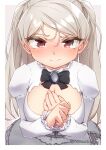 1girl absurdres blush border breasts brown_eyes cleavage closed_mouth conte_di_cavour_(kancolle) dress highres kantai_collection large_breasts layered_dress long_hair long_sleeves looking_at_viewer namaata silver_hair solo twitter_username two-tone_dress two_side_up upper_body white_border white_dress 