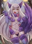  1girl animal_ears bangs bare_shoulders bow breasts brown_eyes cosplay elbow_gloves fairy_knight_lancelot_(fate) fangs fate/grand_order fate_(series) fur-trimmed_gloves fur-trimmed_legwear fur_collar fur_trim gloves highres lace-trimmed_legwear lace_trim long_hair looking_at_viewer m0_chi mash_kyrielight mash_kyrielight_(dangerous_beast) mash_kyrielight_(dangerous_beast)_(cosplay) navel o-ring open_mouth purple_gloves purple_legwear purple_tail revealing_clothes sidelocks small_breasts solo tail thighs white_hair wolf_ears wolf_tail 