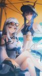  2girls absurdres arknights armpits bangs bare_shoulders beach_umbrella belt bubble_tea ch&#039;en_(arknights) chair closed_mouth cloud commentary crop_top cup detached_sleeves dress eyewear_on_head female_tourist_c_(arknights) glasses hand_on_another&#039;s_shoulder hat highres holding holding_cup long_hair looking_at_viewer midriff multiple_girls navel official_alternate_costume parted_lips ribbon shaffelli shorts sidelocks sitting skadi_(arknights) skadi_(waverider)_(arknights) sky sleeveless standing thighs umbrella water 