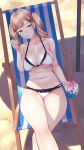  1girl absurdres bang_dream! bangs bare_arms bare_legs bare_shoulders beach bikini black_bikini black_bow blonde_hair bow bow_bikini breasts chair cleavage closed_mouth collarbone commentary_request crossed_legs day deck_chair eating eyebrows_visible_through_hair feet_out_of_frame fingernails folding_chair food frilled_bikini frills from_above hair_ornament halter_top halterneck hand_up head_tilt highres holding holding_food holding_spoon ichigaya_arisa kooribata large_breasts light_blush long_hair looking_at_viewer looking_up multi-strapped_bikini nail_art nail_polish navel nishinomiya_suzu on_chair outdoors pink_nails reclining shade shadow shaved_ice solo spoon star_(symbol) stomach swimsuit twintails two-tone_bikini underboob utensil_in_mouth wet white_bikini x_hair_ornament yellow_eyes 