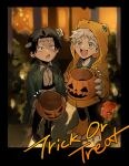  2boys agumon agumon_(cosplay) black_eyes black_hair black_pants blue_eyes blue_shirt child collared_shirt cosplay digimon ear_piercing full_body getou_suguru gojou_satoru green_jacket halloween_bucket halloween_costume highres hood hood_up hoodie jack-o&#039;-lantern jacket jujutsu_kaisen long_sleeves looking_at_viewer male_focus multiple_boys open_mouth orange_footwear orange_hoodie outdoors pants piercing screw_in_head shirt short_hair sleeves_past_wrists standing stitches teeth trick_or_treat upper_teeth white_hair white_shirt xxgojoxx 