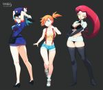  3girls absurdres ass asymmetrical_hair bare_arms blue_eyes blue_hair blush breasts commentary_request eyelashes green_eyes gun hair_tie highres holding jenny_(pokemon) jessie_(pokemon) large_breasts ledy lingerie long_hair misty_(pokemon) multiple_girls navel orange_hair poke_ball pokemon pokemon_(anime) pokemon_(classic_anime) ponytail purple_eyes red_eyes red_hair shirt short_hair short_shorts shorts side_ponytail suspenders tank_top thong tied_hair underwear weapon yellow_shirt yellow_tank_top 