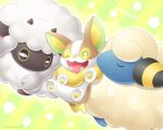  :3 closed_eyes closed_mouth commentary_request fangs green_eyes highres mareep no_humans one_eye_closed open_mouth outline pokemon pokemon_(creature) sasabunecafe shiny smile toes tongue tongue_out wooloo yamper 