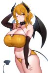  1girl absurdres bare_shoulders bikini black_collar black_horns blonde_hair breasts bridal_gauntlets brown_eyes cleavage collar commentary_request demon_girl demon_horns demon_tail demon_wings eyebrows_visible_through_hair highres horns huge_breasts looking_at_viewer navel navel_piercing one_eye_closed original piercing pointy_ears ponytail short_hair simple_background solo spiked_collar spikes suruga_(xsurugax) swimsuit tail thighs white_background wings 