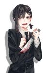  1girl asymmetrical_hair black_hair blood blood_on_face blood_on_knife chainsaw_man grey_eyes hair_ornament hairclip higashiyama_kobeni highres knife mu_ooa short_ponytail solo tears upper_body white_background 