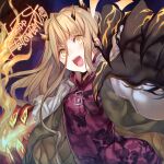  1girl bangs blonde_hair blunt_bangs blush claws corruption fire happy happy_halloween horns jacket long_hair looking_at_viewer open_mouth orange_eyes oversized_clothes reality_arc_(sinoalice) red_riding_hood_(sinoalice) sidelocks sinoalice solo spoilers teroru weapon 