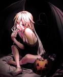  1girl bangs bare_legs bare_shoulders barefoot black_background black_shirt black_wings blonde_hair blood blood_from_eyes blue_eyes breasts candy cleavage demon_tail demon_wings eyebrows_visible_through_hair food grey_hair hair_between_eyes halloween halloween_bucket heart heart_tail highres holding holding_candy holding_food holding_lollipop ia_(vocaloid) lollipop long_hair medium_breasts off_shoulder overlord_(overlord80000) pink_blood shirt signature simple_background sitting solo tail vocaloid wings 